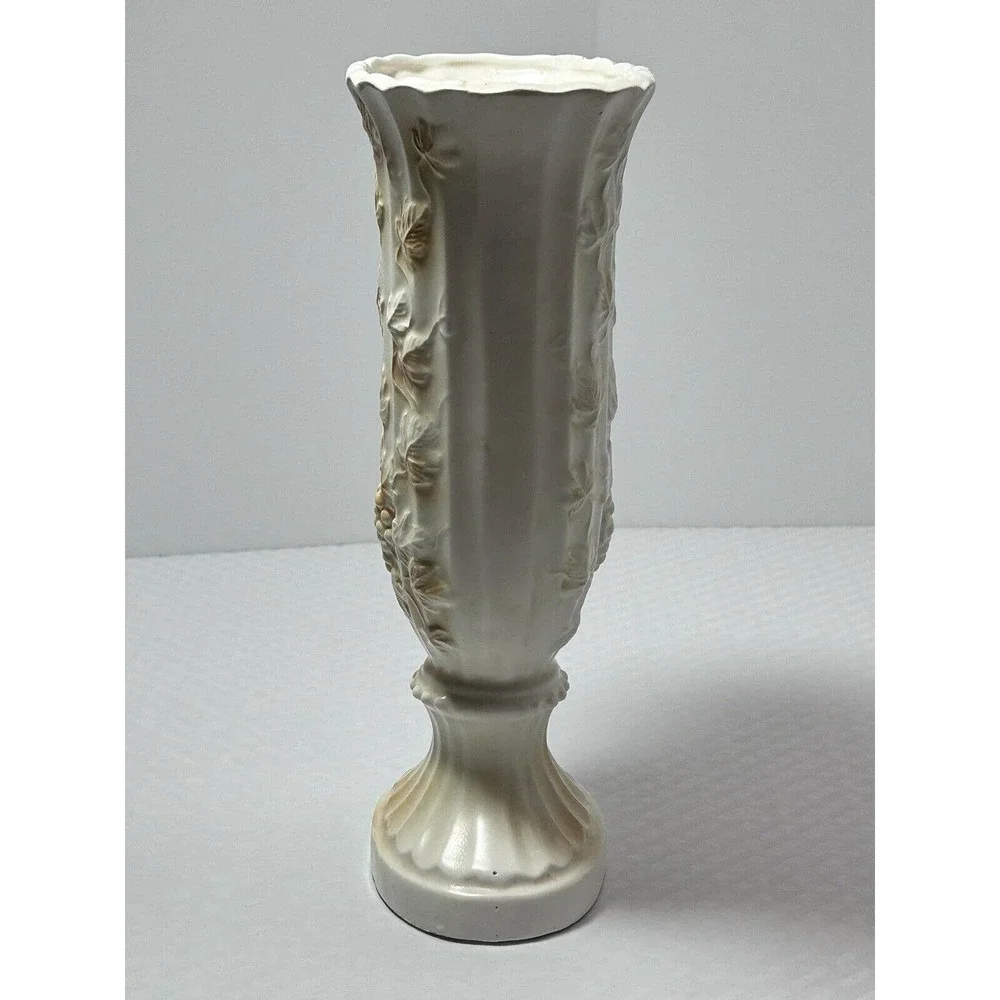 Pottery Pedestal Vase, White‎ & Tan, Raised Embossed Grapes & Leaves, Scalloped